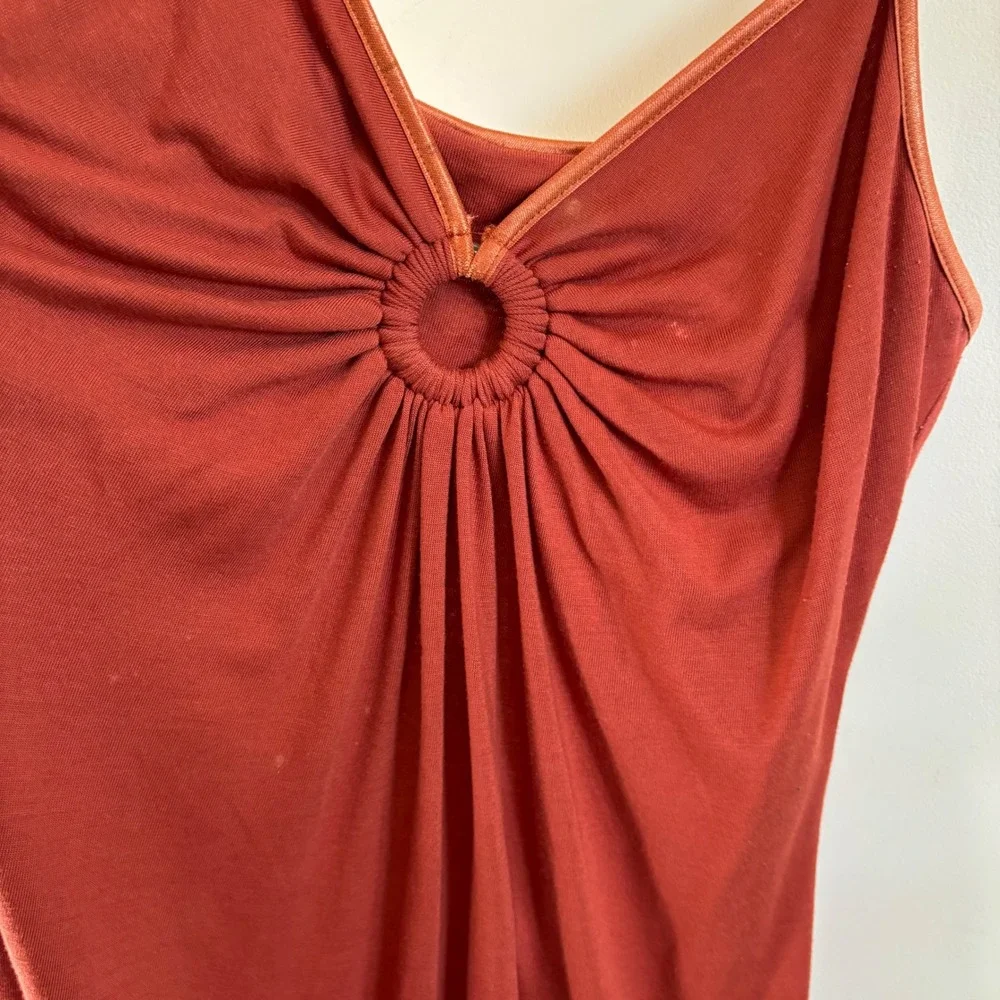 Terracotta Rust O-Ring Pleated Maxi Dress Sleeveless Jersey Knit Large